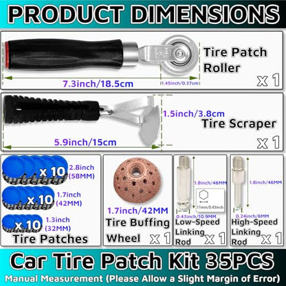 35PCS Flat Tire Repair Kit Car Tire Patch Kit Heavy Duty Tire Repair Tool Car Tire Repair Kit,30pcs Tire Patches 32mm/42mm/58mm with Tire Patch Roller Tire Inner Liner Scraper for Car Motorcycle Bike