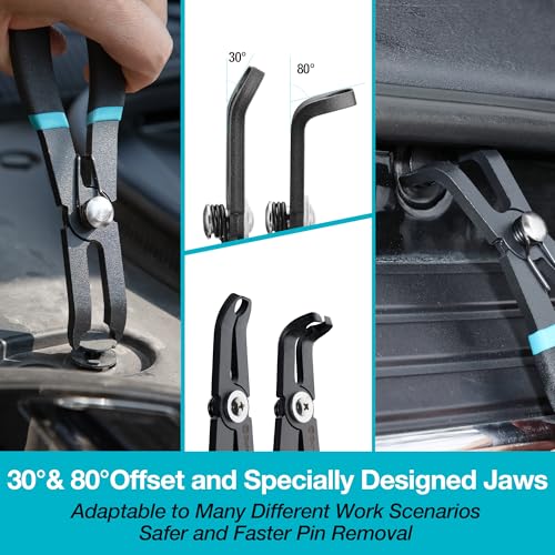 DURATECH Push Pin Pliers Set with 30 Degree and 80 Degree Offset Jaws | 2-Piece Rivet Removal Tool, Spring Loaded, Plastic Spraying, Remove Trim Plastic Fasteners, Rivets, Clips