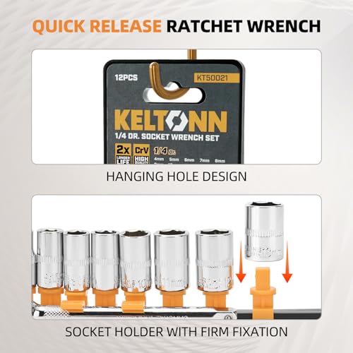 Ratchet Socket Wrench Set Metric, 12PCS Drive Mini Socket Kit with CR-V Steel Sockets (4–13mm) 1/4 Inch, Quick-Release Reversible Ratchet and Extension Bar for Automotive, DIY and Home Repair