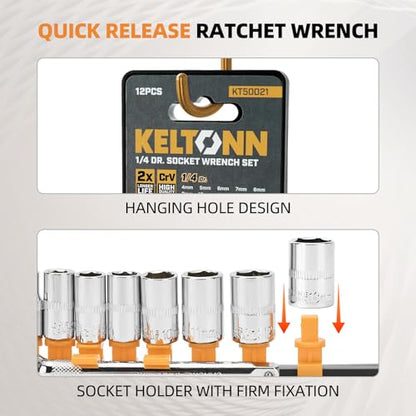 Ratchet Socket Wrench Set Metric, 12PCS Drive Mini Socket Kit with CR-V Steel Sockets (4–13mm) 1/4 Inch, Quick-Release Reversible Ratchet and Extension Bar for Automotive, DIY and Home Repair