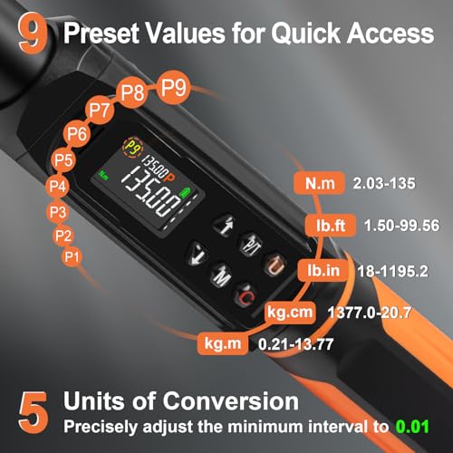 Kerry 3/8 Inch Drive Digital Torque Wrench 1.5–99.6 ft-lb ±2% High Accuracy | Five Units of Measure,LED and Buzzer Notification, Easy to Read and Operate, 72 Tooth for Bike Motorcycle - size: 3/8
