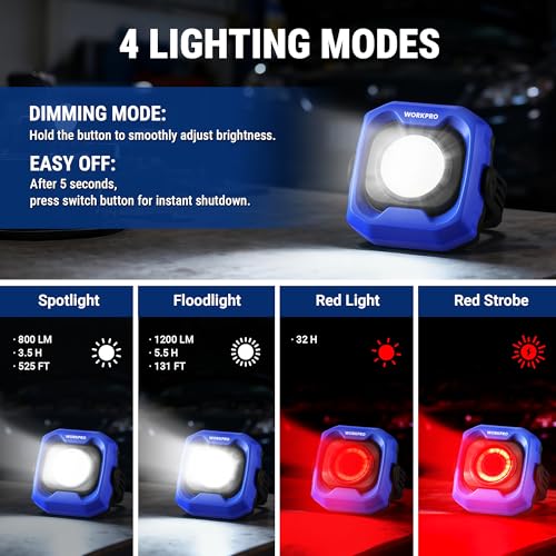 WORKPRO Rechargeable Work Light, 1200LM Magnetic Light with 4000mAh Battery, Portable LED with 4 Modes, IPX4 Water-Resistant, Led Work Light for Car, Camping, Emergency, Christmas Gifts