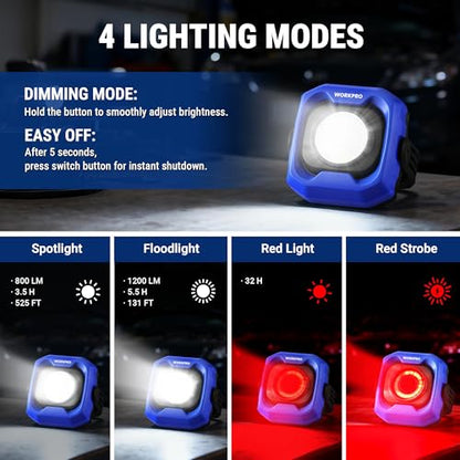 WORKPRO Rechargeable Work Light, 1200LM Magnetic Light with 4000mAh Battery, Portable LED with 4 Modes, IPX4 Water-Resistant, Led Work Light for Car, Camping, Emergency, Christmas Gifts