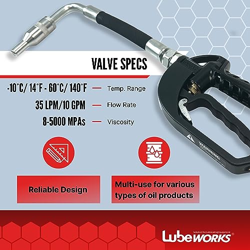 Lubeworks Oil Control Valve Nozzle Manual 1-35lpm / 0.3-9.2gpm Heavy Duty Oil Transfer Pump Control Valve for Motor, Synthetic Hydraulic, Gear Oil, Transmission Fluid in Liter, Gallon, Pint and Quart