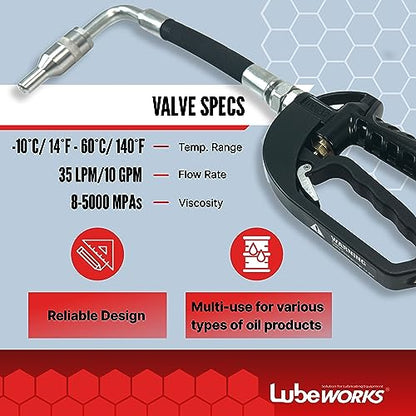 Lubeworks Oil Control Valve Nozzle Manual 1-35lpm / 0.3-9.2gpm Heavy Duty Oil Transfer Pump Control Valve for Motor, Synthetic Hydraulic, Gear Oil, Transmission Fluid in Liter, Gallon, Pint and Quart