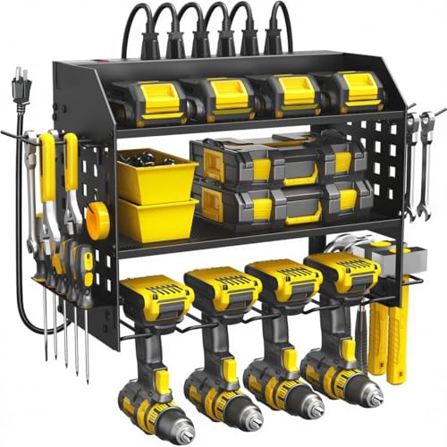 SPACECARE Power Tool Organizer with Charging Station 6 Outlets, 3-Layer Heavy Duty Wall Mount Drill Storage Rack, Cordless Tool with Utility Shelf, Garage Organization and Storage for Workshop- Black - style: 4 Drill Holders C
