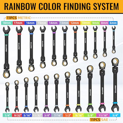 GRENPRO 23PCS Flex Head Ratcheting Wrench Set SAE & Metric Mechanic Tools | 1/4"-3/4"&6-18MM Bolt Gauge, Electro-Coated 72-Tooth 180-Degree Flex Head 12Pt, Color Rings, Roll Pouch For Auto&Home Repair - style: Flex Head Ratcheting Wrench Set with Color Ri