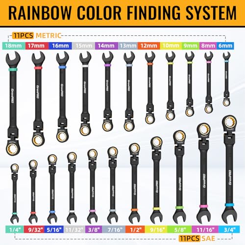 GRENPRO Ratchet Wrenches Set, 23PCS Flex Head Ratcheting Wrench Set Metric and Standard & SAE with Color Ring, 6-18mm & 1/4"-3/4", Mechanics Tool Box Organizer, Large Open End Combination Wrench Sets - style: Flex Head Ratcheting Wrench Set with Color Rin