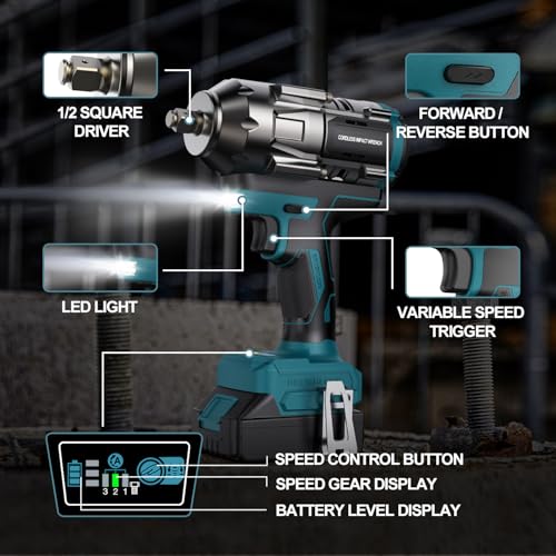 Cordless Impact Wrench for Makita 18V Battery – 1/2" Brushless Impact Driver, 900 Ft-Lbs (1200Nm) High Torque, 4-Speed, LED Light, Includes 6 Sockets (Bare Tool Only)