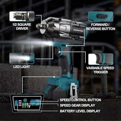 Cordless Impact Wrench for Makita 18V Battery – 1/2" Brushless Impact Driver, 900 Ft-Lbs (1200Nm) High Torque, 4-Speed, LED Light, Includes 6 Sockets (Bare Tool Only)