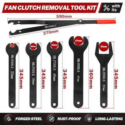 BILITOOLS Fan Clutch Removal Tool Kit 22 36 40 47 51MM Wrench Set | Pulley holder with pin kit, Fan clutch wrench set, Cooling fan clutch removal install tool, Compatible with Ford Dodge GM