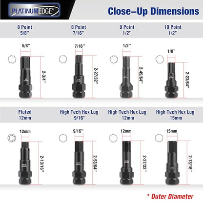 PlatinumEdge Lug Nut Key Set, 16 Pieces SAE & Metric Wheel Lock Removal Tool Kit, Cr-Mo Steel