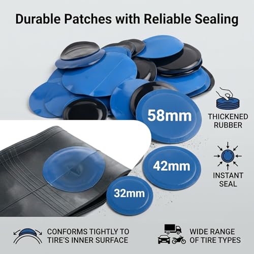 34PCS Tire Patch Kit,Heavy Duty Tire Repair Tools Patch with 32/42/58mm Wheel Patches,Tires Patches Roller,Scraper & Buffing Wheel,Full Tires Repair Kit for Car Truck Motorcycle