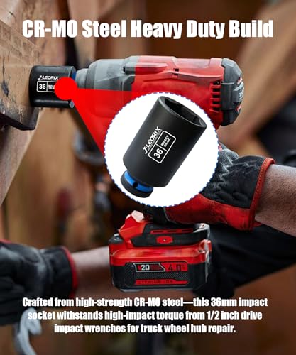 36mm Deep Impact Socket 1/2" Drive CR-MO Steel 6-Point | CR-MO steel impact socket set. 1/2" drive, 6-point design. Deep reach for lug nuts & axle nuts. - size: 36mm