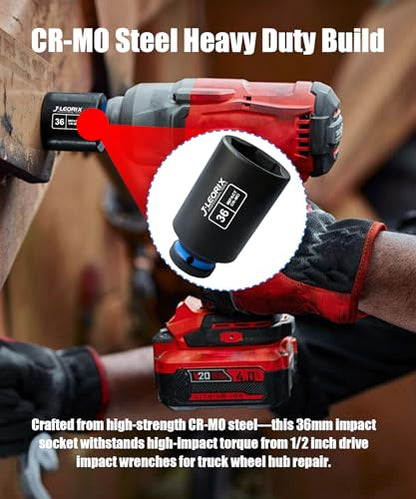 36mm Deep Impact Socket 1/2" Drive CR-MO Steel 6-Point | CR-MO steel impact socket set. 1/2" drive, 6-point design. Deep reach for lug nuts & axle nuts. - size: 36mm