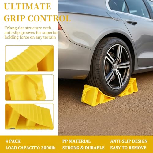 Covzoe 4 Pack Wheel Chocks for RV Trailer, Heavy Duty Wheel Stopper with Handle Easy Removal, Non Slip Tire Choke for Cars Campers Trucks RVs, Yellow