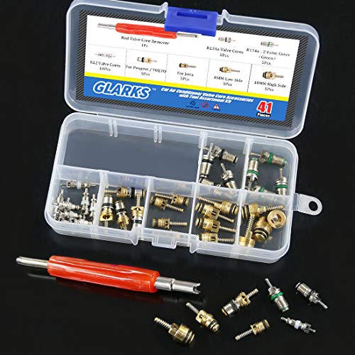 Glarks 41Pcs Schrader Car A/C Valve Core Kit - R12 R134a - Aluminium & Brass & Plastic - Blue Remover Tool - 7.6cm - style: Car Air Conditioner Valve