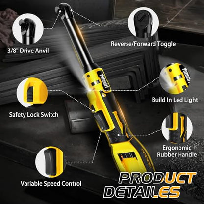 3/8" Cordless Extended Ratchet Wrench Compatible with Dewalt 20V Battery,Brushless Electric Ratchet Wrench Set with Variable Speed,8Pcs Sockets，1/4" Adapter & 6" Extension Bar (Tool Only)