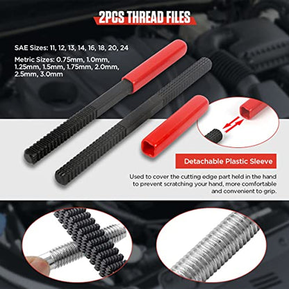 Thread Chaser Set 48PCS Thread Repair Tool Kit UNC/UNF/Metric Thread Chaser Rethreading Kit Anti-rust Thread Restorer Kit with 24 Dies, 22 Taps and 2 Thread Files with Detachable Cap, Tap And Die Set