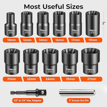 13-Piece Lug Nut Removal Tool, 1/2" Drive Wheel Lock Removal Kit | for Damaged, Rusted, Rounded-Off, Stripped Fasteners, 10-27mm, Cr-Mo, Reverse Spiral Flute, Black Oxide Coating, Storage Case - size: 13-piece
