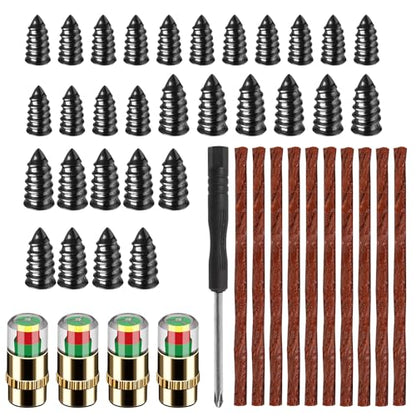 35PCS TireCar Tire Pressure Monitor Valve Stem Caps Sensor Indicator and Repair Plugs, Rubber Nail Kit and Gum Strips for Car Truck Motorcycle Emergency Repair