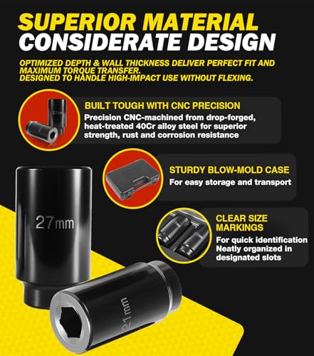4 Pack Crank Bolt Socket Set, 17MM, 21MM, 22MM, 27MM, Harmonic Balancer Socket Set, 1/2-Inch Metric Deep Impack Socket Kit Set, 3 Times Momentum Power of Standard Impact Sockets