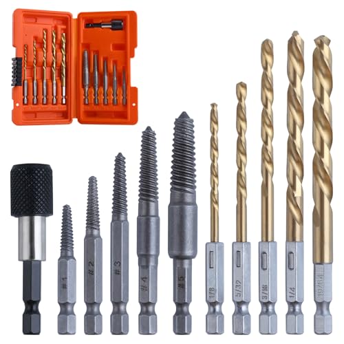 11Pcs Easy Out Screw Extractor Set, Titanium Coating Left Hand Drill Bit and Bolt Extractor Kit with 1/4" Adaptor, Reverse Drill Bit Extractor Set for Rusted Rounded Damaged Nuts Screws