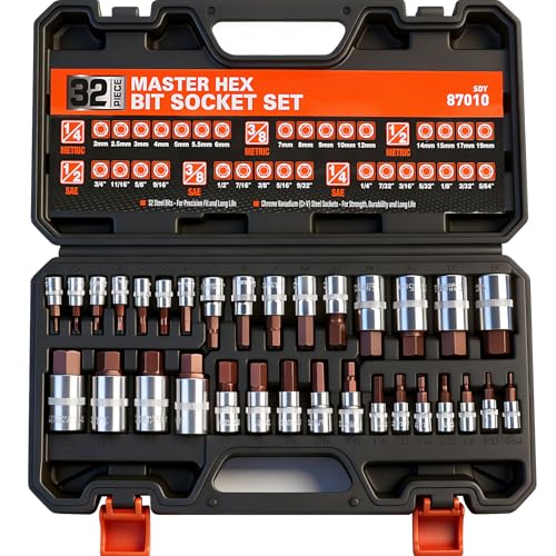 High Torque Master Hex Bit Socket Set, 32-Piece SAE & Metric Allen Socket Set, Premium S2 Alloy Steel, Durable Storage Case, 1/4", 3/8", 1/2" Drive, for Automotive & Mechanical Work - style: 32PC SAE/Metric Hex Bits