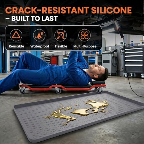 Oil Spill Mat 51" x 26", Large Silicone Oil Mat for Garage, Oil Change Mat with 0.7" Raised Edge, Leak Containment, Oil Drip Pan Alternative for Car, Lawn Mowers (Gray)