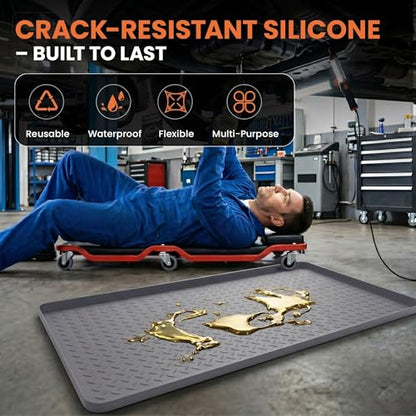 Oil Spill Mat 51" x 26", Large Silicone Oil Mat for Garage, Oil Change Mat with 0.7" Raised Edge, Leak Containment, Oil Drip Pan Alternative for Car, Lawn Mowers (Gray)