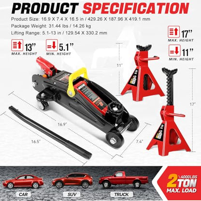 Auto Dynasty 2 Ton Floor Jack with Jack Stands, Heavy Duty Steel Hydraulic Racing Floor Jack with Single Piston Quick Lift Pump, Hydraulic Trolley Service Car Jack, Red/Black - color: Red/Black