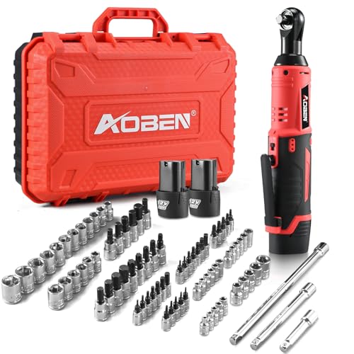 AOBEN Cordless Ratchet Wrench Kit,3/8" ratchet,40 Ft-lbs Electric Power Ratchet Set with Variable Speed Trigger,2 Packs 2000mAh Lithium-Ion Battery And Charger,83 Sockets