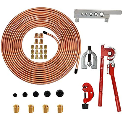 MuHize Brake Line Bender(1/4 Inch) - Upgraded 25 Feet Brake Line Kit | for ford /dodge + flaring tool, tube cutter & bender - 16 braking fittings + 4 unions - color: Red