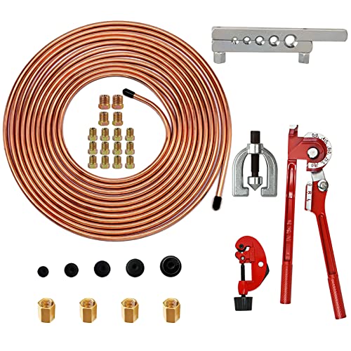 MuHize Brake Line Bender(1/4 Inch) - Upgraded 25 Feet Brake Line Kit | for ford /dodge + flaring tool, tube cutter & bender - 16 braking fittings + 4 unions - color: Red