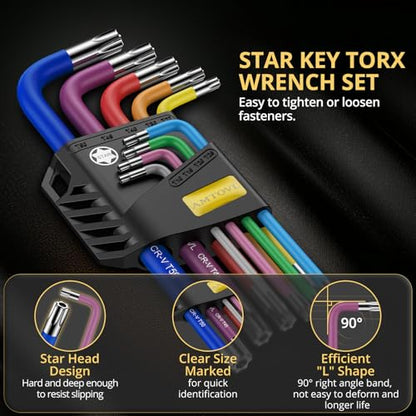 AMTOVL Star Allen Wrench Set, 9PCS Star Key Set, T10-T50, Long Arm Star Key Set, Color Coding TX Key Set for Vehicle, and Bicycle Repairs - size: 9 PCS STAR SET