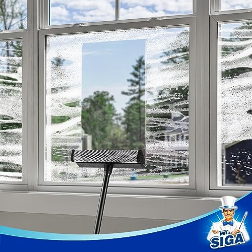 MR.SIGA Professional 2-in-1 Car Window Squeegee and Sponge Scrubber for Cleaning and Washing, Rubber Blade Cleaner With Handle, Black