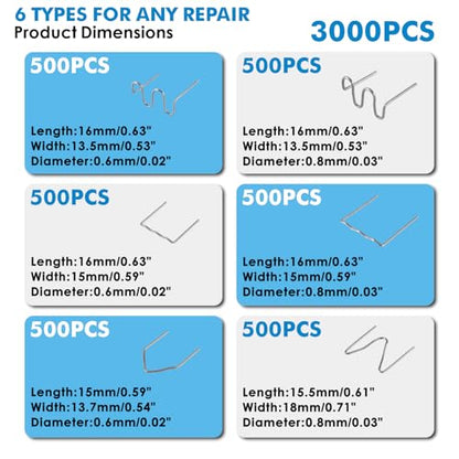 3000PCS Plastic Welding Staples 0.6/0.8mm – 6 Types Hot Stapler Kit for Car Bumper, Dashboard & Lamp Holder Repair – Stainless Steel Welder Staples for Plastic Welding Gun