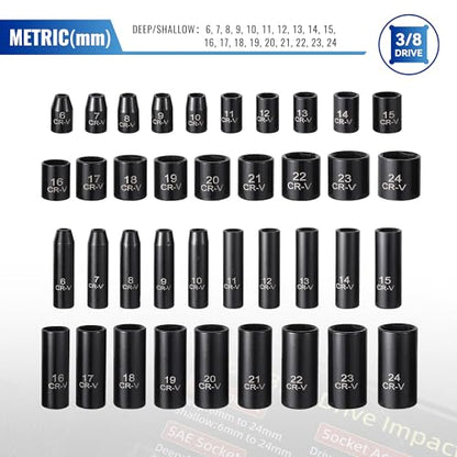 Reniteco 64-Piece 3/8" Drive Socket Set, SAE (5/16"-1") & Metric (6mm-24mm), Deep & Shallow, 72-Tooth Ratchet Wrench, Extension Bars, 1/2" F to 3/8" M Reducer, Universal Joint & Power Drill Adapter - size: 3/8" 64 PCS SAE & Metric
