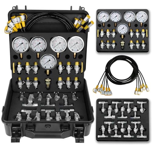 Hydraulic Pressure Test Kit, 5 Gauges 10/100/250/400/600bar, 13 Test Couplings & 14 Tees, Hydraulic Test Kit Compatible with CAT, John Deere, Komatsu, Hitachi, Kobelco Excavators & Loaders - style: 5 Gauges 13 Couplings