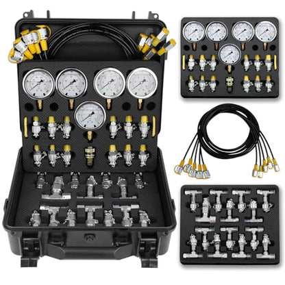 Hydraulic Pressure Test Kit, 5 Gauges 10/100/250/400/600bar, 13 Test Couplings & 14 Tees, Hydraulic Test Kit Compatible with CAT, John Deere, Komatsu, Hitachi, Kobelco Excavators & Loaders - style: 5 Gauges 13 Couplings