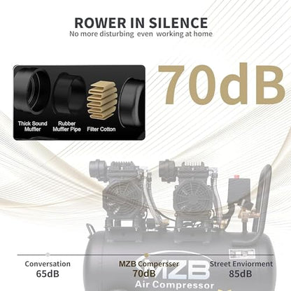 MZB 13.2 Gallon Ultra Quiet Air Compressor 115PSI Steel Tanks 70dB Noise Level Oil Free Air Compressor - size: MZB-1100H-50