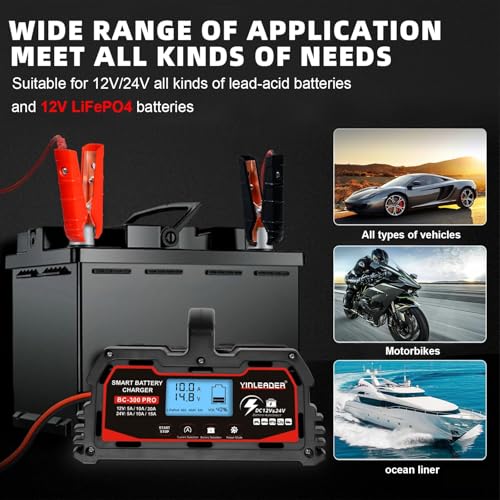 Battery Charger 30A, 12V/24V Lead Acid Smart Battery Charger, 12V LiFePO4 Car Battery Trickle Charger, Automatic Battery Maintainer for Car Motorcycle Lawn Mower Marine Boat Lead Acid Batteries - size: 30A-RED