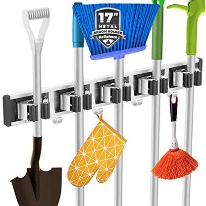 reliahom Broom Holder Wall Mount Mop Hanger Tools organizer 5Racks 4Hooks | Adjustable Mop Broom Wall Hanging Heavy duty Tools Storage Rack Space-saving for Garage,Kitchen,Laundry Room,Garden, Black - color: Black