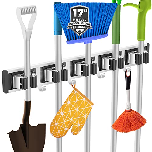 reliahom Broom Holder Wall Mount Mop Hanger Tools organizer 5Racks 4Hooks | Adjustable Mop Broom Wall Hanging Heavy duty Tools Storage Rack Space-saving for Garage,Kitchen,Laundry Room,Garden, Black - color: Black