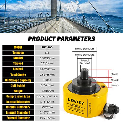 NEWTRY Hydraulic Ram Jack 50 ton Hydraulic Cylinder Low Profile Ram Jack Multi-Section 2.56” Stroke Lifting Cylinder Mini, Portable for Machinery, Bridge, Construction - size: 50T