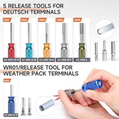 iCrimp DC01 12 PCS Deutsch Weather Pack Crimper Kit DT DTM DTP | Compatible with size 12, 16, 20 solid Deutsch contacts and 24-14 AWG wire, with closed & open barrel crimpers & pin removers
