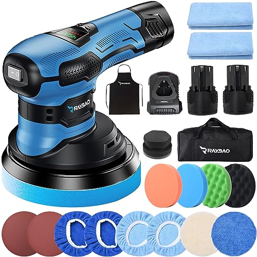 Cordless Car Buffer Polisher 6IN 2x2.0Ah 21V Batteries, 21pcs Attachments | Cordless Polisher with LED Display, 6 Variable Speed to 4500OPM, 8mm Orbital Buffer Polisher Kit for Car Detailing/Polishing