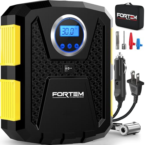 FORTEM Tire Inflator Portable Air Compressor, Air Pump for Car Tires and Bikes, Car Tire Pump w/Auto Shut Off, 150 PSI, 110V AC 12V DC, LED Light, Carrying Case, Perfect For Men, Women - color: Yellow, size: Large