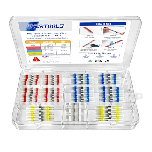 120 Pcs Heat Shrink Solder Seal Wire Connectors Kit, Waterproof Electrical Butt Splice Connectors for Marine, Automotive, Trailer, RV, Boat and Truck Wiring