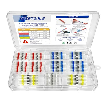 120 Pcs Heat Shrink Solder Seal Wire Connectors Kit, Waterproof Electrical Butt Splice Connectors for Marine, Automotive, Trailer, RV, Boat and Truck Wiring